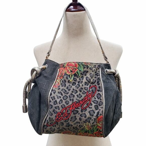 Y2k McBling Ed Hardy Canvas Rhinestone Shoulder Bag - Picture 1 of 8